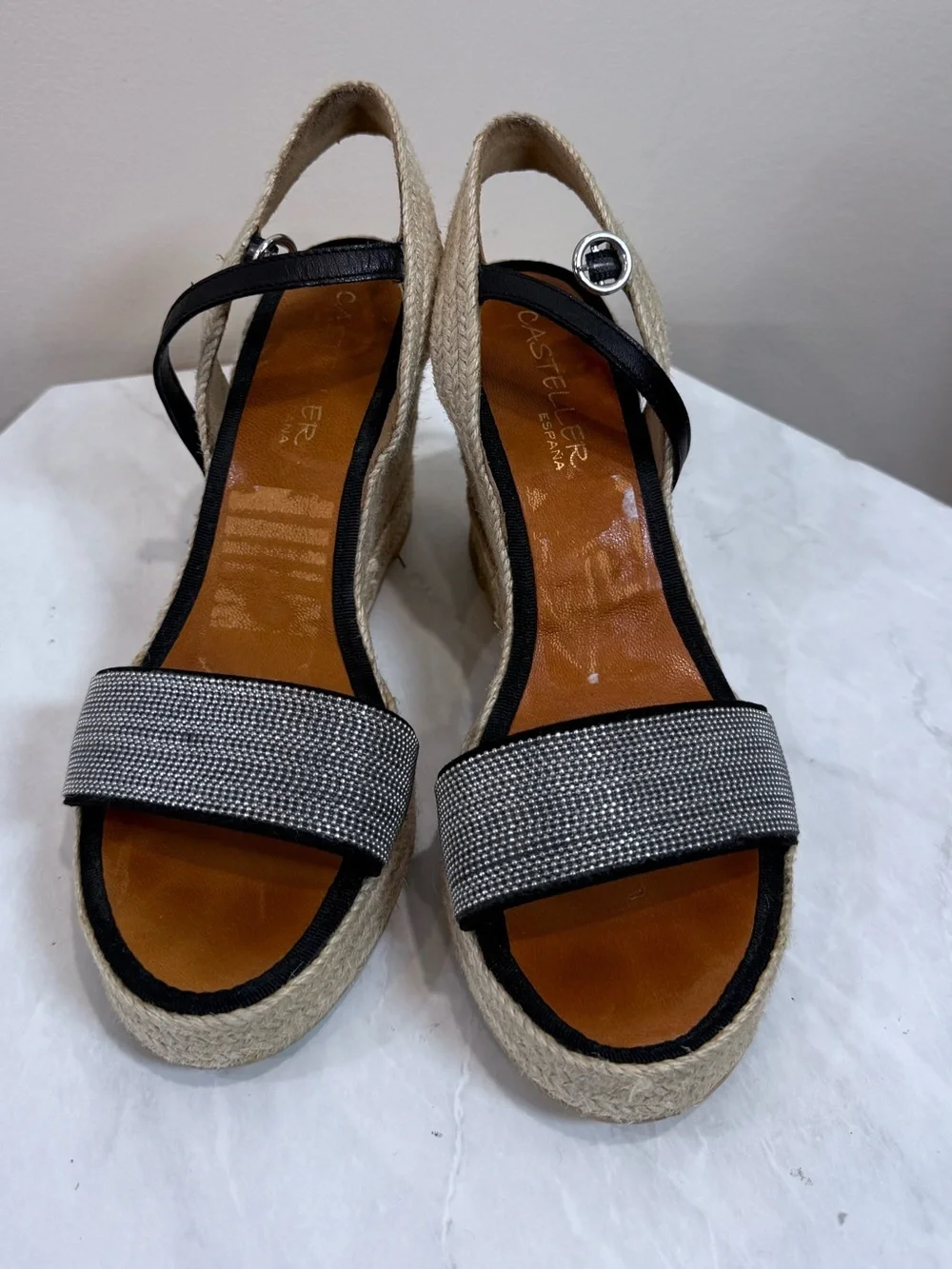 🔥Casteller Black and Silver Espadrille Wedge Sandals Size 38 EC🔥